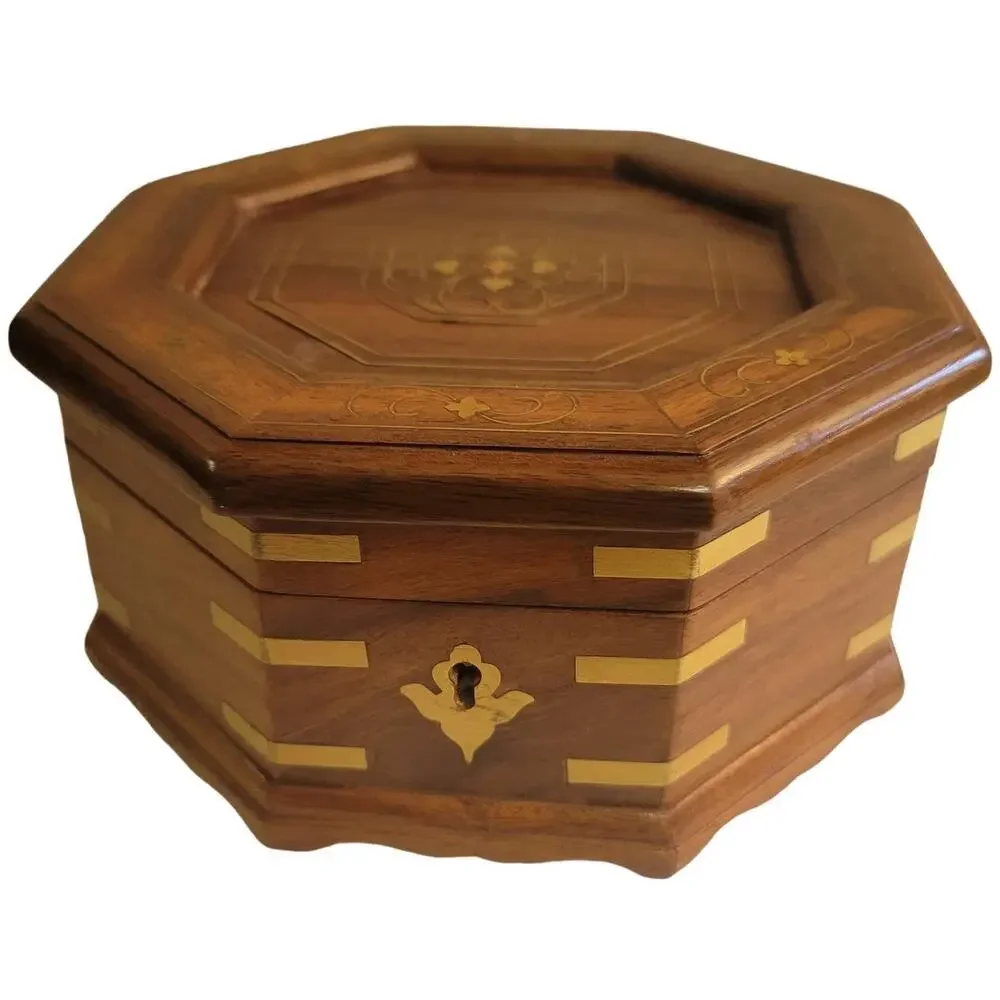 Wood jewelry box with bronze inlay Multi compartment 8